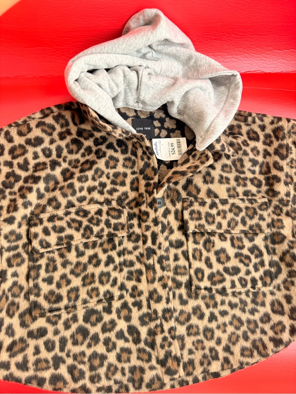 Love Tree Leopard Print Hooded Jacket - Brown and Gray